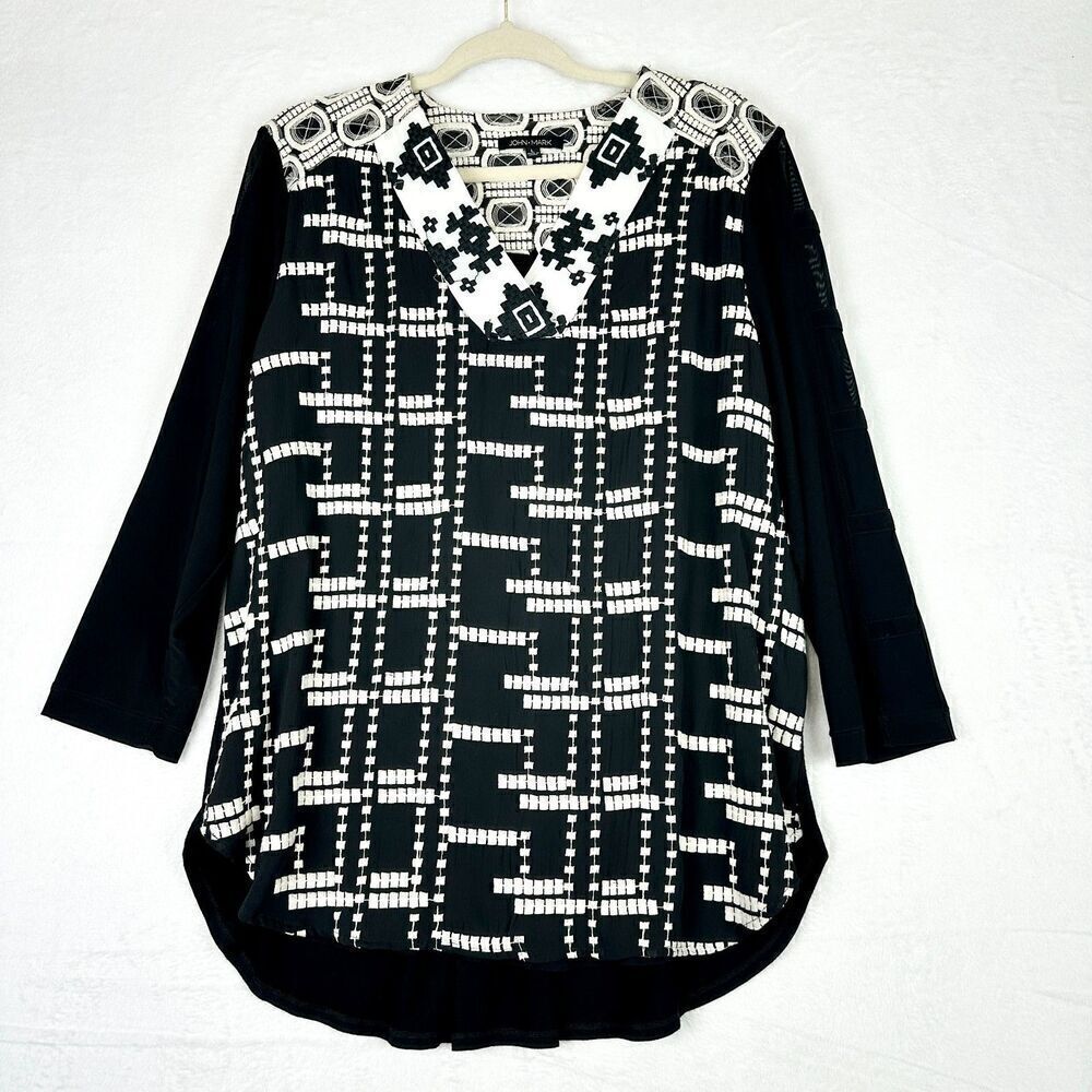 John Mark Embroidered Blouse Top Womens Large V-Neck 3/4 Sleeve Boho Black White